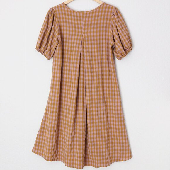 Reminiscence Gingham Plaid Seersucker Puff Short Sleeves Flared Dress Mini Tan - Picture 3 of 13